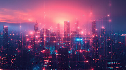 Imaginative visual of smart digital city with globalization abstract graphic showing connection network . Concept of future 5G smart wireless digital city and social media networking systems. - obrazy, fototapety, plakaty