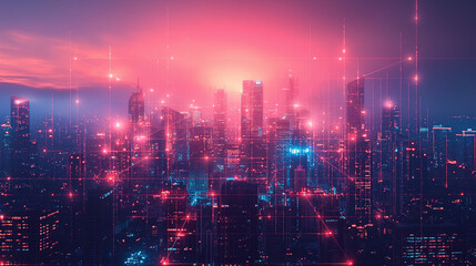 Imaginative visual of smart digital city with globalization abstract graphic showing connection network . Concept of future 5G smart wireless digital city and social media networking systems.