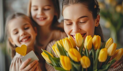 Mother and Daughter Admiring Bouquet of Tulips - obrazy, fototapety, plakaty