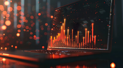 A 3D graph growing upwards from a laptop, indicating successful strategy implementation, business strategy, dynamic and dramatic compositions, with copy space - obrazy, fototapety, plakaty