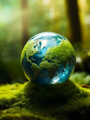 a crystal earth globe on a moss in a lush green forest. The image is showing how fragile the Earth is and how important it is to protect the environment . Happy Earth Day, World Environment Day