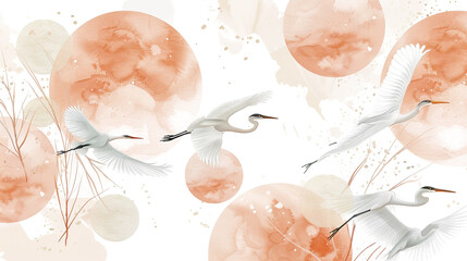 Summer breeze warmth over reed-lined shores in pastel apricot watercolor circles.