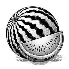 Black and white vintage illustration of a watermelon, hand drawn in ink. Vector illustration in vintage engraving style. Traditional art on white isolated background for food packaging design