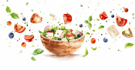 A vibrant watercolor painting captures the lively burst of a Greek salad in motion. Nestled in a wooden bowl with a rich, grainy texture, the salad is a medley of colorful ingredients. 
