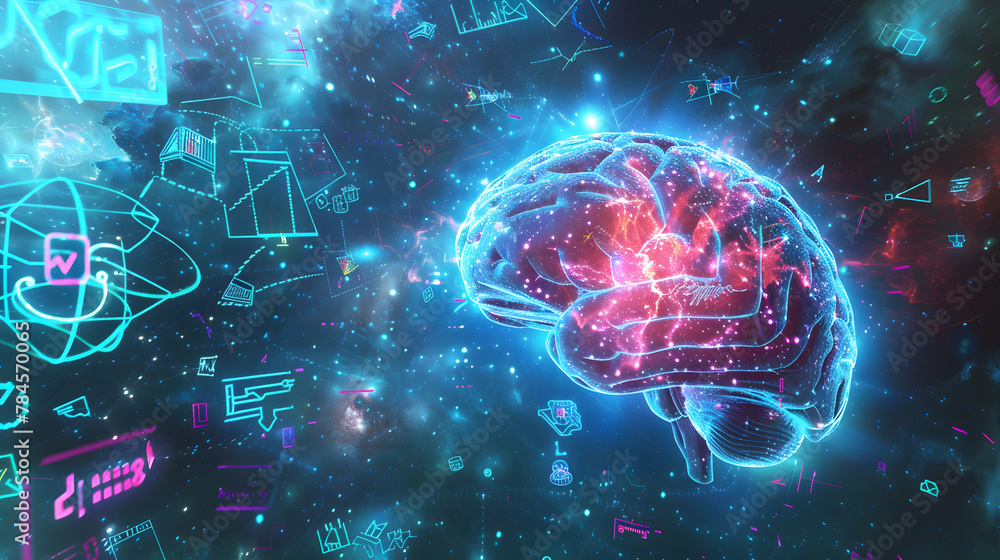 Poster a digital brain with various mathematical and scientific symbols orbiting around it, portraying ai's