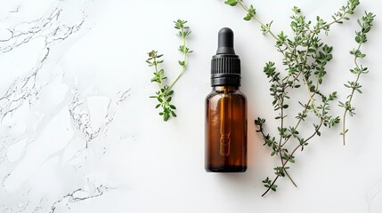 Fototapeta premium Essential oil bottle with fresh herbs on white marble background