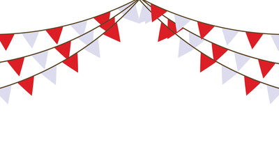 Obraz premium Colorful pastel color triangle flag party with rope isolated on white background, decoration element, Celebration flags for decor. Vector illustration. 