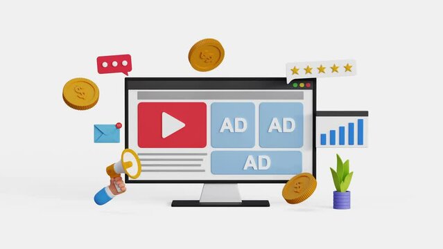 Online advertising on social media. Earn money from PPC ad campaign. 3D digital marketing with programmatic social network advertising. Targeted inbound ad. 4K 3D animation