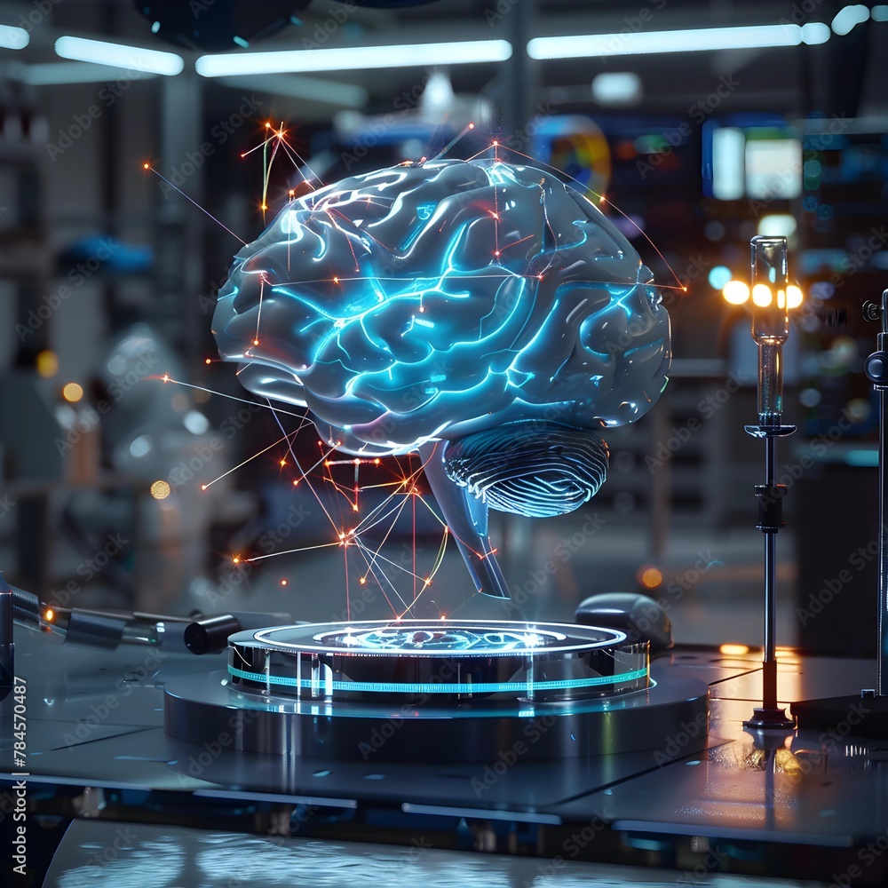 Poster A high-tech laboratory with an advanced brain interface, showcasing a glowing brain model with neural connections and computing equipment.