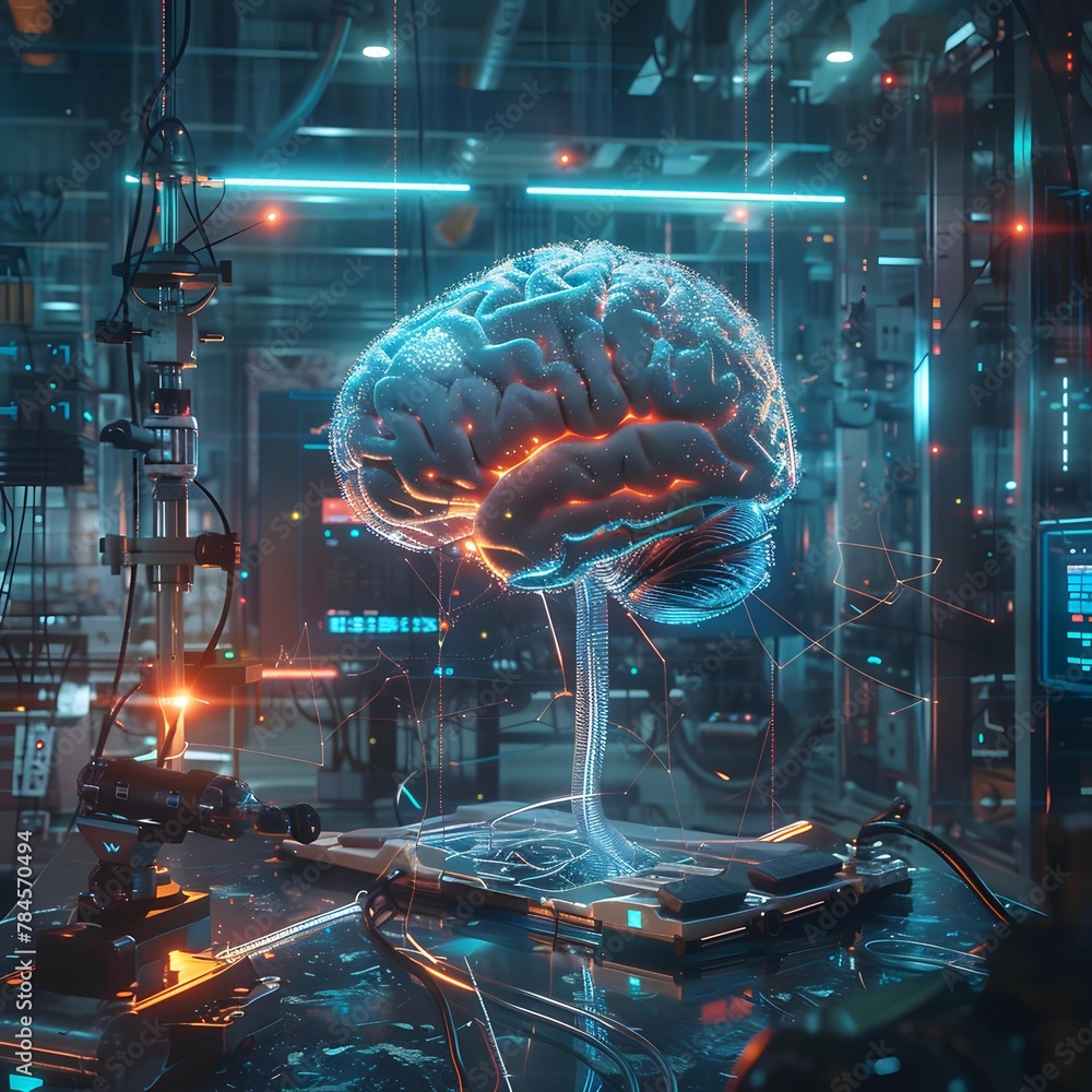Aufkleber A high-tech laboratory with an advanced brain interface, showcasing a glowing brain model with neural connections and computing equipment.