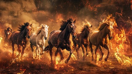 Majestic horses galloping through flames and smoke