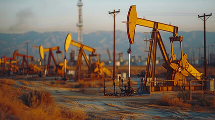 Row of Oil Pumps on Dirt Field - obrazy, fototapety, plakaty