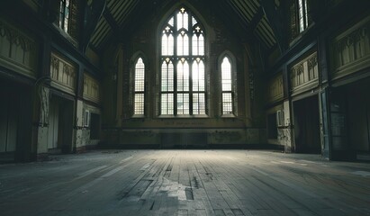 Atmospheric abandoned hall with Gothic windows and decaying interior