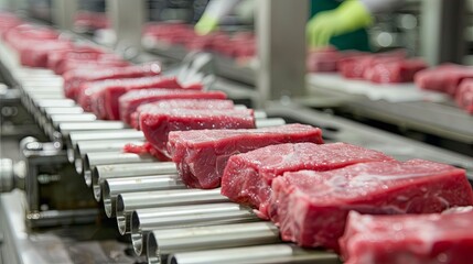 Fresh red meat on production line at food processing plant