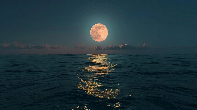 Serene moonrise over tranquil ocean with reflection