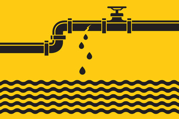 plumbing service pattern with leaking pipe and water puddle isolated on yellow background