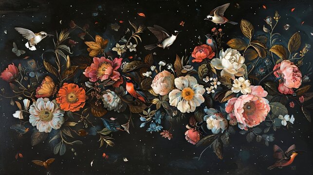 Floral paradise with vivid blooms and fluttering birds on dark background