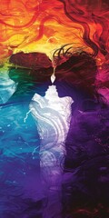 Abstract colorful silhouette of two people kissing with vibrant rainbow hues and swirl patterns.