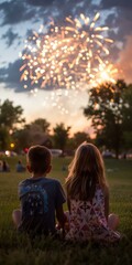 Two young children watching 4th of July fireworks at dusk, vibrant colors, summer celebration, outdoor leisure, back view.