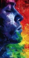 Abstract colorful profile portrait, vibrant digital art, rainbow hues, modern illustration, side view face, artistic background. Copy space.