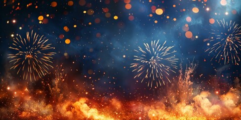 Vibrant fireworks display with blue and orange colors, festive celebration background.