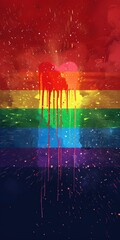 Colorful heart melting over rainbow background with paint splatters, abstract LGBTQ+ love concept.