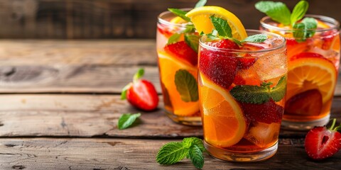 Three glasses of strawberry and orange infused water with fresh mint on wooden surface, vibrant summer drinks.