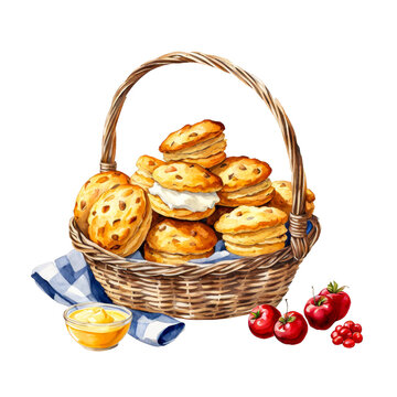 watercolor scones basket with fruit clip art preview