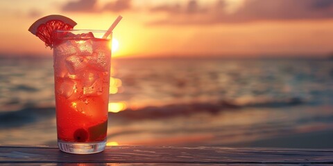 Icy cocktail with straw against sunset on beach, summer vacation vibes, warm colors, ocean horizon view, relaxation theme. Copy space.