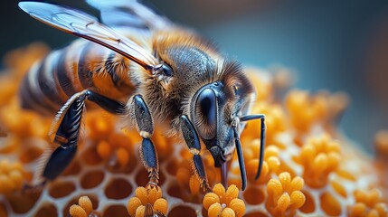 Closeup of a bee, a membranewinged insect, pollinating on a honeycomb - obrazy, fototapety, plakaty