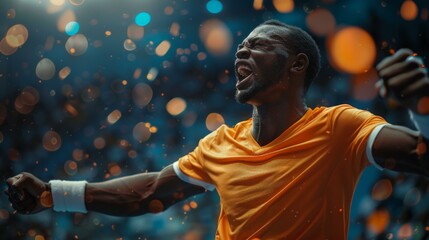 Obraz premium Exuberant Black male athlete celebrating victory in orange shirt with blurred lights in background, sports success concept