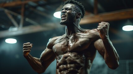 Fototapeta na wymiar Triumphant African American male athlete celebrating victory with intense emotion in gym, sweaty muscular body, determination and success concept