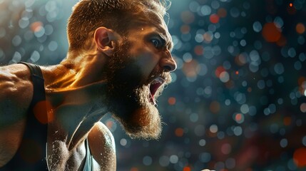 Caucasian male athlete shouting with determination, intense focus, dark background, blurred...