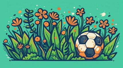 Obraz na płótnie Canvas Colorful illustration of soccer ball nestled in vibrant greenery with orange flowers, suggesting outdoor sports and leisure activities. Copy space