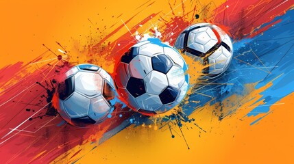 Three soccer balls with dynamic paint splashes in red, blue, and yellow colors, representing sports enthusiasm and energy