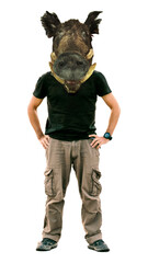 Man with wildpig head mask isolated photo - 784571891