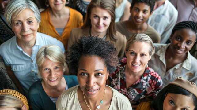 Diverse group of smiling women, varied ethnicities and ages, close-up portrait, unity in diversity concept.