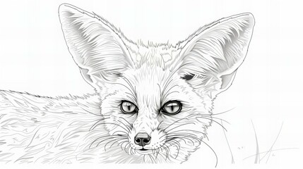 fennec, desert fox closeup sketch for coloring book isolated on white