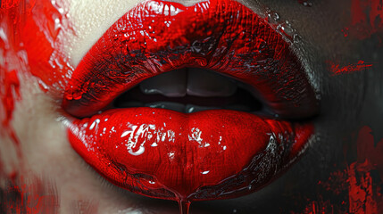 Red Liquid Color Paint Brush Strokes On Beautiful Women Red Lips Background Blur