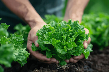 Farmer picking up green lettuce with roots from soil - obrazy, fototapety, plakaty