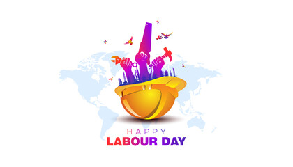 International Labor Day. Happy Labor Day Typography with group of labour workers background. 