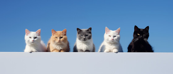 A captivating row of five diverse cats sitting against a clear blue sky, showcasing a variety of coat patterns and colors.
