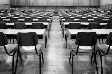 Foto op Canvas Empty Classroom.  Generated Image.  A digital rendering of a stark, empty classroom in muted tones showing emptiness or loneliness. © lutjo1953