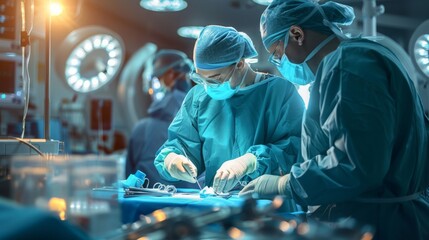 Skilled surgeon performing precise surgical procedure in modern operating room - obrazy, fototapety, plakaty