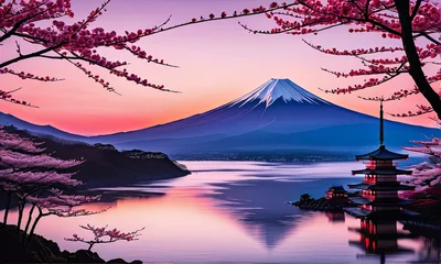 Fototapeten Serene landscape with mountain, pagoda in background. For meditation apps, on covers of books about spiritual growth, in designs for yoga studios, spa salons, illustration for articles on inner peace. © Anzelika