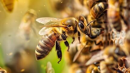 Closeup of a pollinating honeybee in a beehive, captured with macro photography - obrazy, fototapety, plakaty