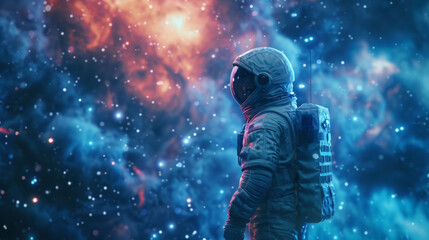A lone astronaut stands in the vastness of space, gazing at a distant, colorful nebula, surrounded by the cold beauty of the cosmos.