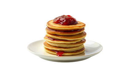 Stacked pancakes with strawberry jam on white plate on transparent background