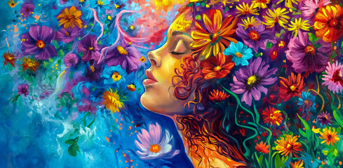 Women's health and mental well being. Abstract colourful painted profile portrait of woman with flowers in her hair. - obrazy, fototapety, plakaty