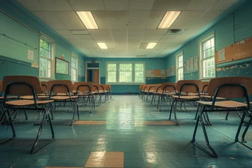 Foto op Canvas Empty Classroom.  Generated Image.  A digital rendering of a stark, empty classroom in muted tones showing emptiness or loneliness. © lutjo1953